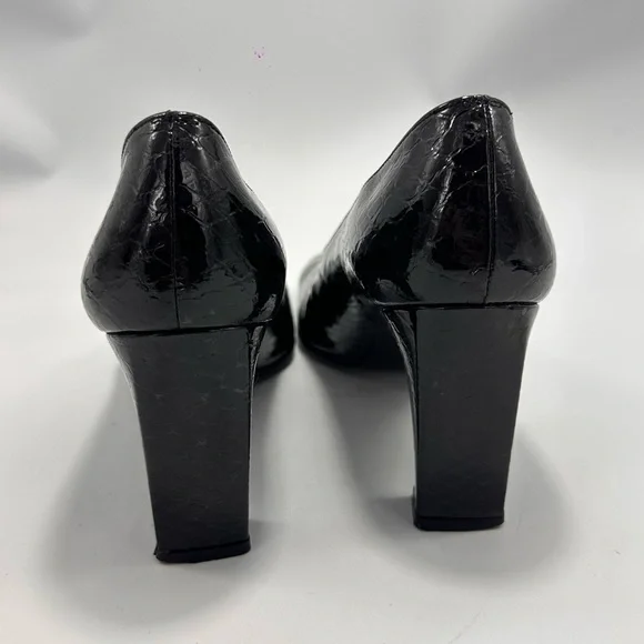 Stuart Weitzman black square toe croc embossed chunky heel pumps size 9 - Picture 7 of 10